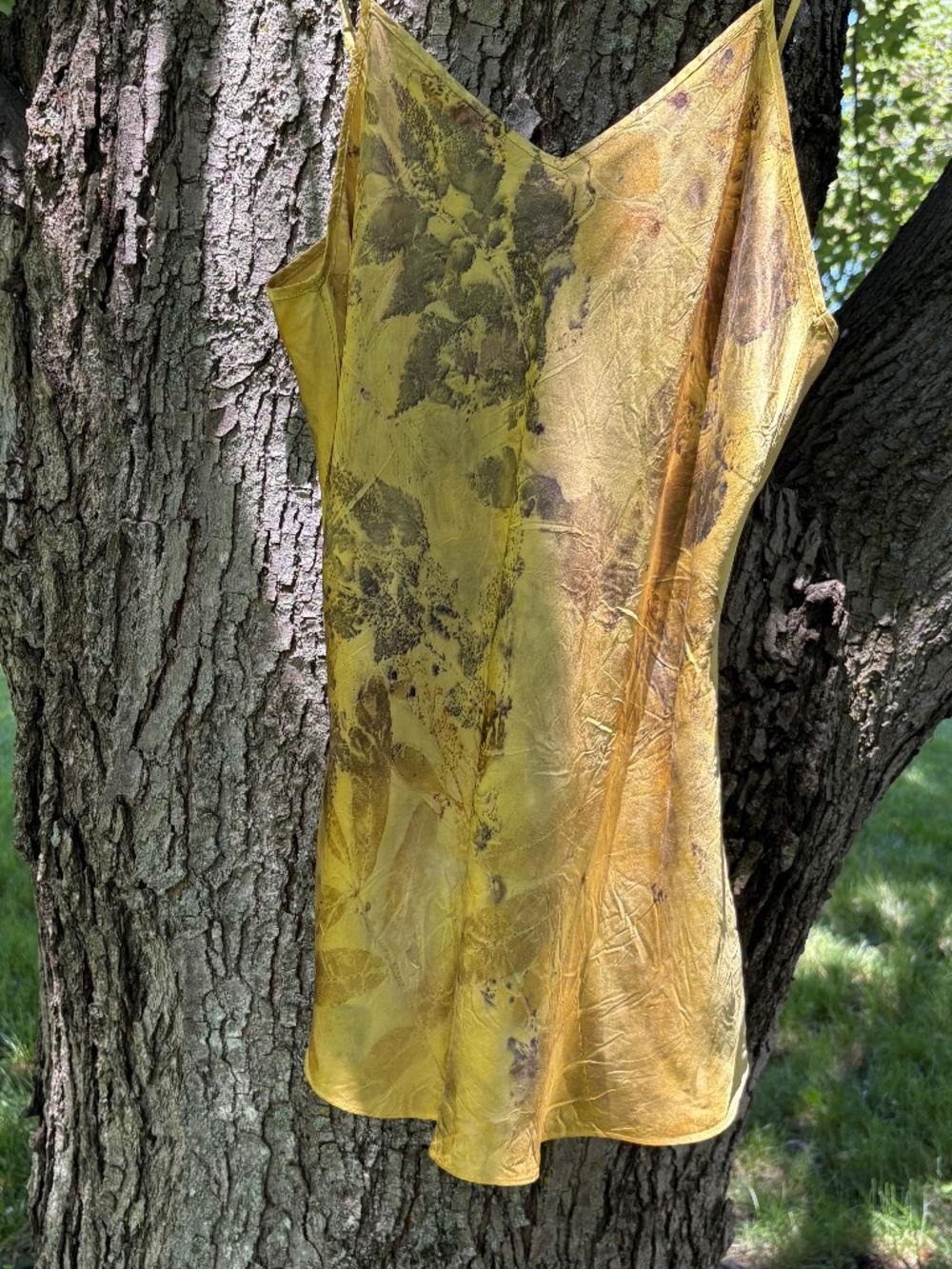 NWOT Handmade Botanical Eco Print Silk Charmeuse Cami Organic Dye Earthy Gold L